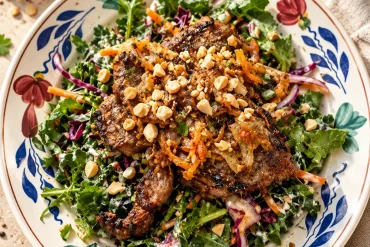 Grilled lamb pieces topped with softened grated carrot, onion and chopped peanuts, on a kale and red cabbage slaw, on a white plate with a blue and red floral border.