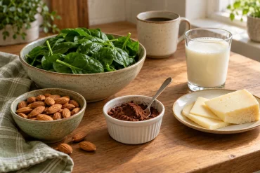A wooden table in window light with a bowl of fresh spinach, a bowl of almonds, a small dish of cocoa powder with a spoon, a mug of coffee, a glass of milk and a plate of sliced cheese, with a green check cloth to one side.