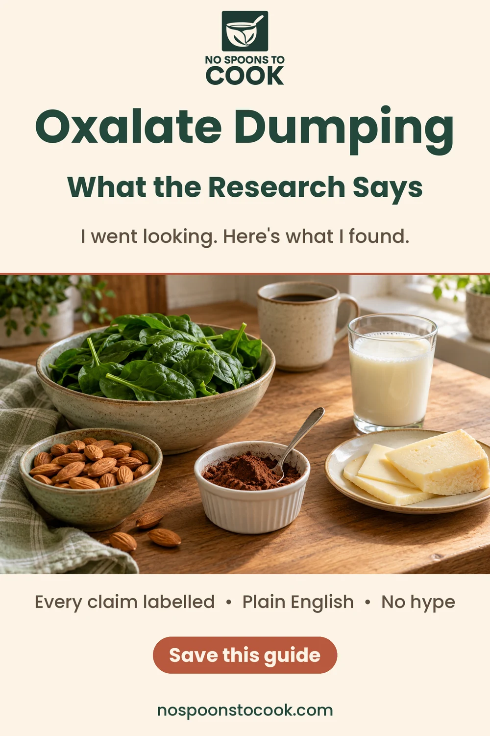 Pin with the title "Oxalate Dumping: What the Research Says" above a photo of spinach, almonds, cocoa, coffee, a glass of milk and sliced cheese on a wooden table. The text reads "I went looking. Here's what I found." and "Every claim labelled, Plain English, No hype", with a "Save this guide" button and nospoonstocook.com.