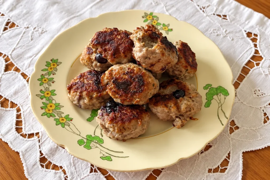 Pan-fried pork and blueberry patties, browned on top with a few blueberries showing, stacked on a cream plate with a floral border on white lace.