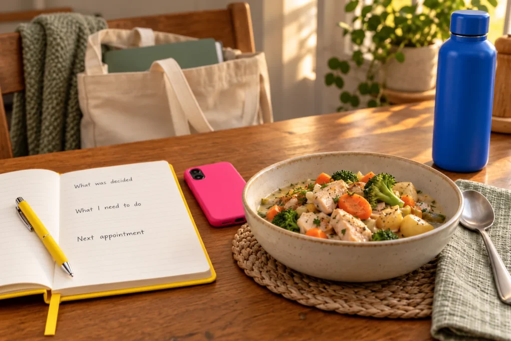 An open notebook headed 'What was decided', 'What I need to do' and 'Next appointment', beside a bowl of chicken and vegetable stew, a phone and a water bottle.