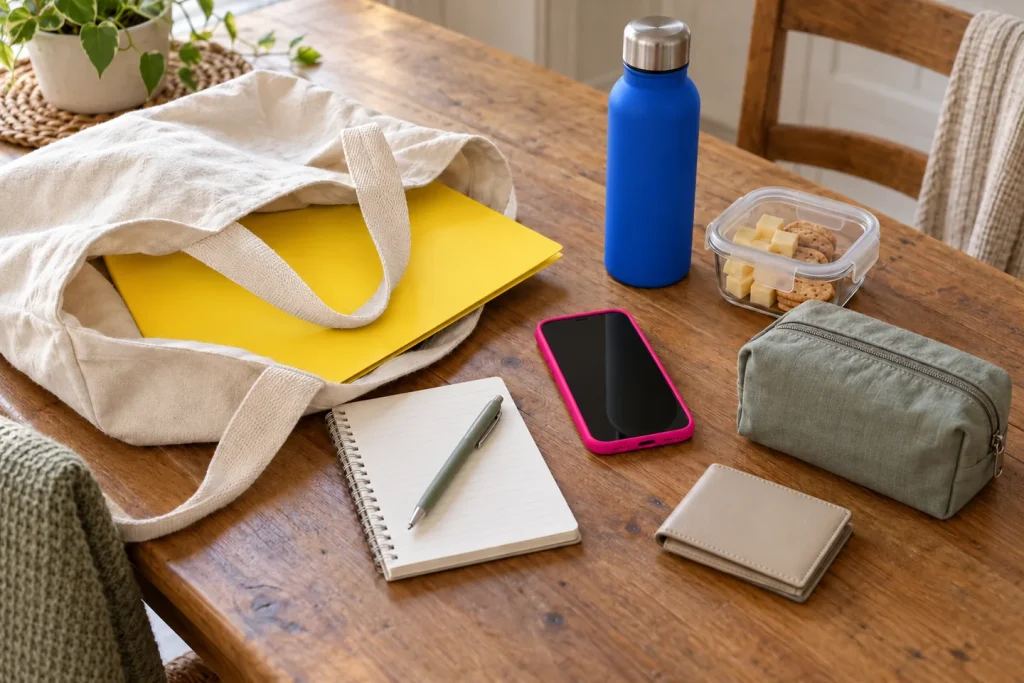 A canvas tote with a yellow folder on a wooden table, next to a notebook and pen, phone, wallet, zip pouch, water bottle and a tub of snacks.