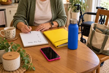 A person in a green cardigan writes 'My top three' in a notebook at a kitchen table, beside a yellow folder, blue water bottle, phone and a walker.