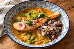 A blue and white patterned bowl of Thai red salmon curry on a wooden table. A salmon cutlet sits in an orange coconut sauce with pak choy, topped with thin slices of red onion and red chilli. A mix of black and white rice sits beside the salmon.