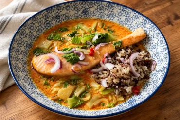 A blue and white patterned bowl of Thai red salmon curry on a wooden table. A salmon cutlet sits in an orange coconut sauce with pak choy, topped with thin slices of red onion and red chilli. A mix of black and white rice sits beside the salmon.