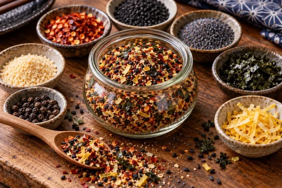 A glass jar of Japanese seven-spice blend surrounded by small bowls of chilli flakes, black sesame, poppy seeds, nori, peppercorns, garlic flakes and dried citrus peel, with a wooden spoon of the blend on a timber board.