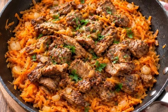 A black frying pan filled with shredded orange vegetables and browned pieces of meat, scattered with chopped parsley and diced onion, on a wooden board beside a striped tea towel.