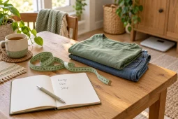 Tape measure, folded clothes and a notebook labelled Energy, Pain and Sleep, with a bathroom scale tucked beneath a cabinet.