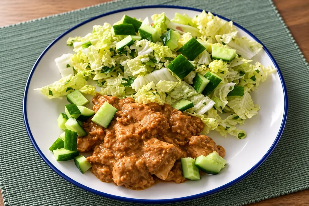 A white plate with a blue rim holding chicken pieces in a thick peanut satay sauce, with shredded pale green leaves and diced cucumber, on a green woven placemat.