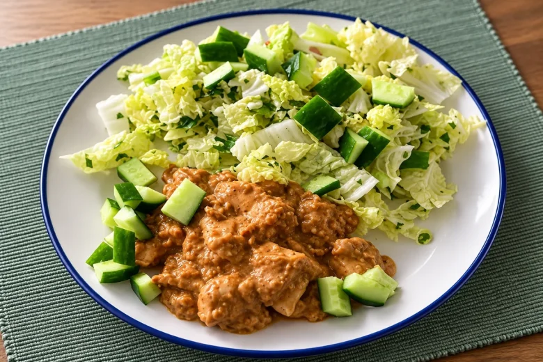 A white plate with a blue rim holding chicken pieces in a thick peanut satay sauce, with shredded pale green leaves and diced cucumber, on a green woven placemat.