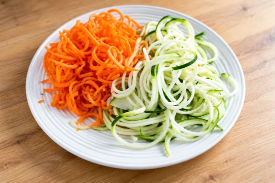 A white plate on a wooden table with a pile of spiralised zucchini noodles beside a pile of spiralised orange carrot.